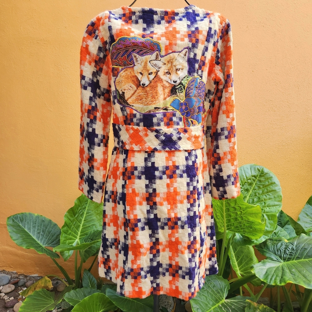 Vintage Fox Women's Coat Dress Upcycled Blue Orange Checkered Weave